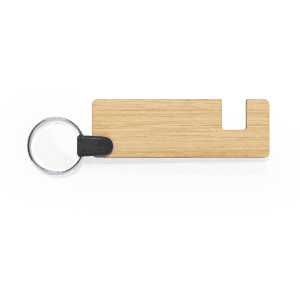 A wooden keyring holder with a silver ring and a sleek, minimalist design. It features a branding logo.
