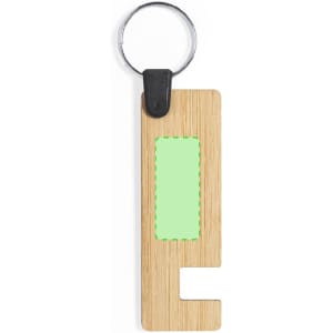 A bamboo keyring with a green accent and a circular metal attachment, designed for promotional use.