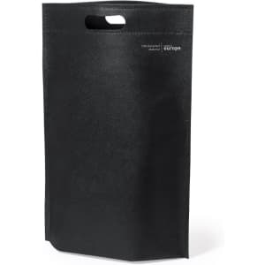 A black tote bag with a handle and made from recycled material, featuring a logo.
