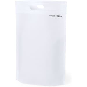 A transparent white tote bag with a handle, made from 70% recycled material. It features a branding logo.