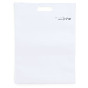 A white tote bag with a handle, featuring a logo and made from 70% recycled material.