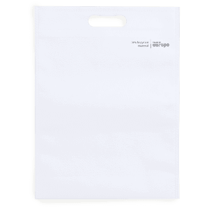 A white tote bag made from 70% recycled material, featuring a handle and a logo.