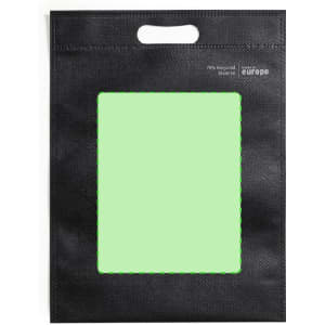 A black tote bag featuring a green blank centre area and a handle, with a logo or branding present.