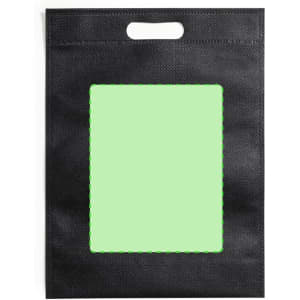 A black tote bag featuring a cut-out rectangular window, with a logo at the top and a plain background.
