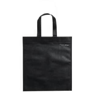 A black tote bag with two handles and a small logo. Ideal for carrying various items.