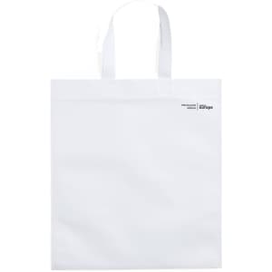 A white tote bag with two handles and a small logo on one side. The material appears sturdy and durable.