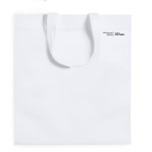 A large white reusable bag with two handles and a small logo on one side, made from recycled material.