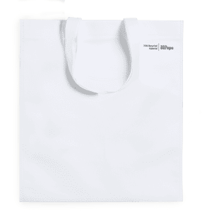 A white reusable bag featuring a logo, made from 70% recycled material. Simple design with sturdy handles.