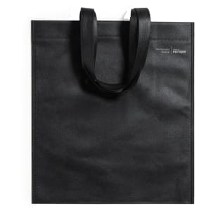 A black reusable bag with sturdy handles and a branded logo on the side.