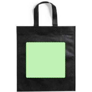 A black tote bag featuring a blank green square area and two handles. The bag has a simple, minimalistic design.