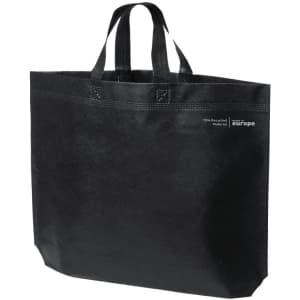 A reusable grocery bag in black with two handles and a logo, made from 70% recycled material.