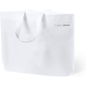 A white reusable grocery bag with handles and a branded logo. Simple design with a smooth finish.