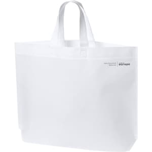 A white reusable grocery bag with two handles and a branding logo. Made from 70% recycled material.