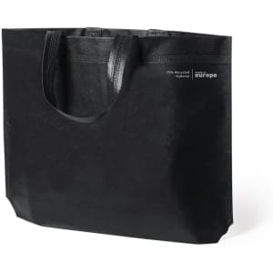 A black reusable grocery bag with two handles and a logo, made from 70% recycled material.