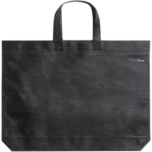 A reusable grocery bag in black with sturdy handles and a simple design, featuring a logo.