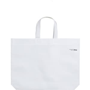 A white reusable grocery bag with two handles and a small logo on one side.