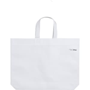 A large, white reusable grocery bag with two handles and a logo on the side.