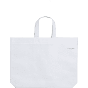 A white reusable grocery bag with two handles and a logo on the side, designed for carrying items.