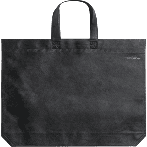 A black reusable grocery bag with sturdy handles and a simple design, featuring a brand logo.