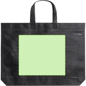 A black reusable grocery bag with two handles and a blank area in the centre, featuring a logo on one side.