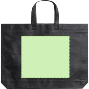 A black reusable grocery bag featuring a blank green area for customisation. It has sturdy handles for carrying.