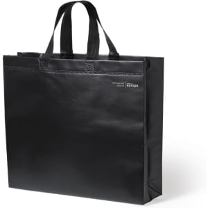 A black, reusable bag with two handles and a logo on the side. Suitable for carrying various items.