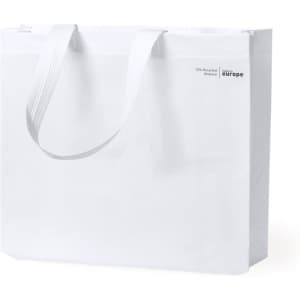 A large white tote bag with sturdy handles and a discreet logo. Made from 70% recycled material.
