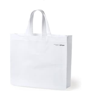 A white tote bag with two handles and a logo on one side. Ideal for various carrying needs.