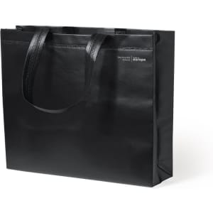 A black bag with sturdy handles, featuring a logo, suitable for various uses.
