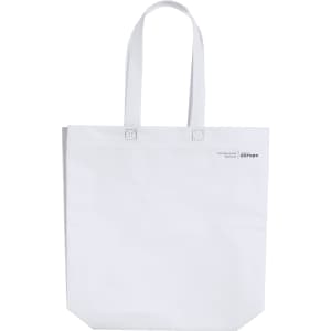 A white tote bag with double handles and a logo on one side. The bag is spacious and has a minimalist design.