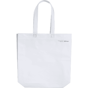A white tote bag with two handles and a logo, designed for promotional use.
