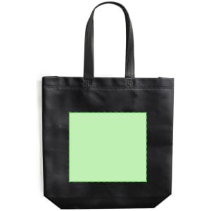 A black tote bag featuring a large green square design. The bag has two sturdy handles and a simple, sleek appearance.