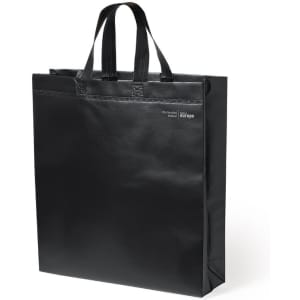 A reusable grocery bag in black with two handles and a logo on the side.