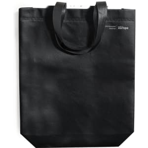 A black reusable grocery bag with sturdy handles and a small logo on the side.