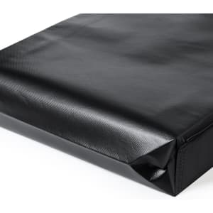 A black reusable grocery bag with a smooth, textured surface and a folded edge. It features a logo or branding.
