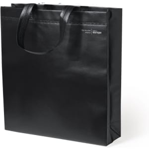 A black reusable grocery bag with two handles and a logo on one side. The bag is made from recycled material.