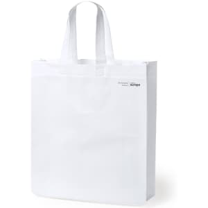 A white reusable grocery bag with two handles and a simple design, featuring a logo on one side.