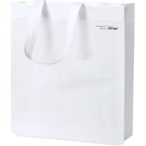 A white reusable grocery bag with handles and a logo. Made from 79% recycled material.
