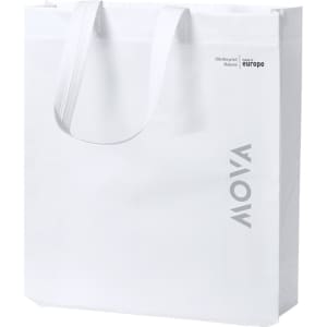 A white reusable grocery bag with long handles and a logo, made from 70% recycled material.