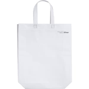 A white reusable grocery bag with sturdy handles and a logo on the side.