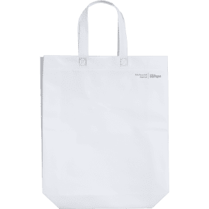 A white reusable grocery bag with two handles and a branding logo.