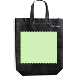 A black reusable grocery bag with dual handles and a blank green panel for customisation. It features a logo.