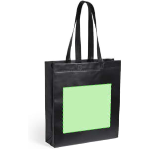 A black reusable grocery bag with a green blank area for custom design, featuring two handles.