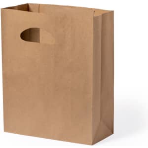 A brown paper bag with side handles, featuring a simple design and a rectangular shape.