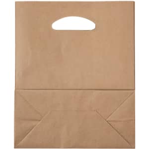 A brown paper bag with a handle featuring a folded bottom and a logo on the surface.