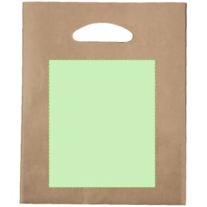 A brown paper bag with a handle and a blank green area. It features a logo or branding.