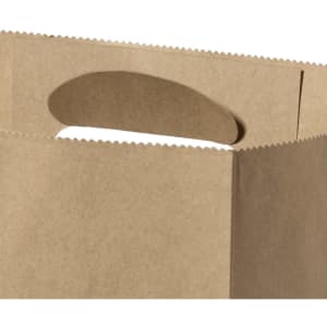 A brown kraft paper bag with a scalloped top and a circular handle cutout. It features a plain design and a logo.