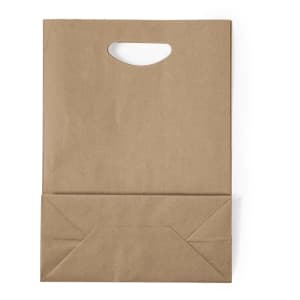 A brown paper bag with a handle and a flat bottom, featuring a simple design and a logo.