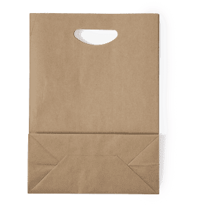 A brown paper bag with a cut-out handle and a reinforced bottom fold. It features a simple design and is unbranded.