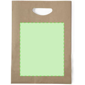 A brown paper bag with a cut-out handle and a blank green area for customisation. It features a brand logo.